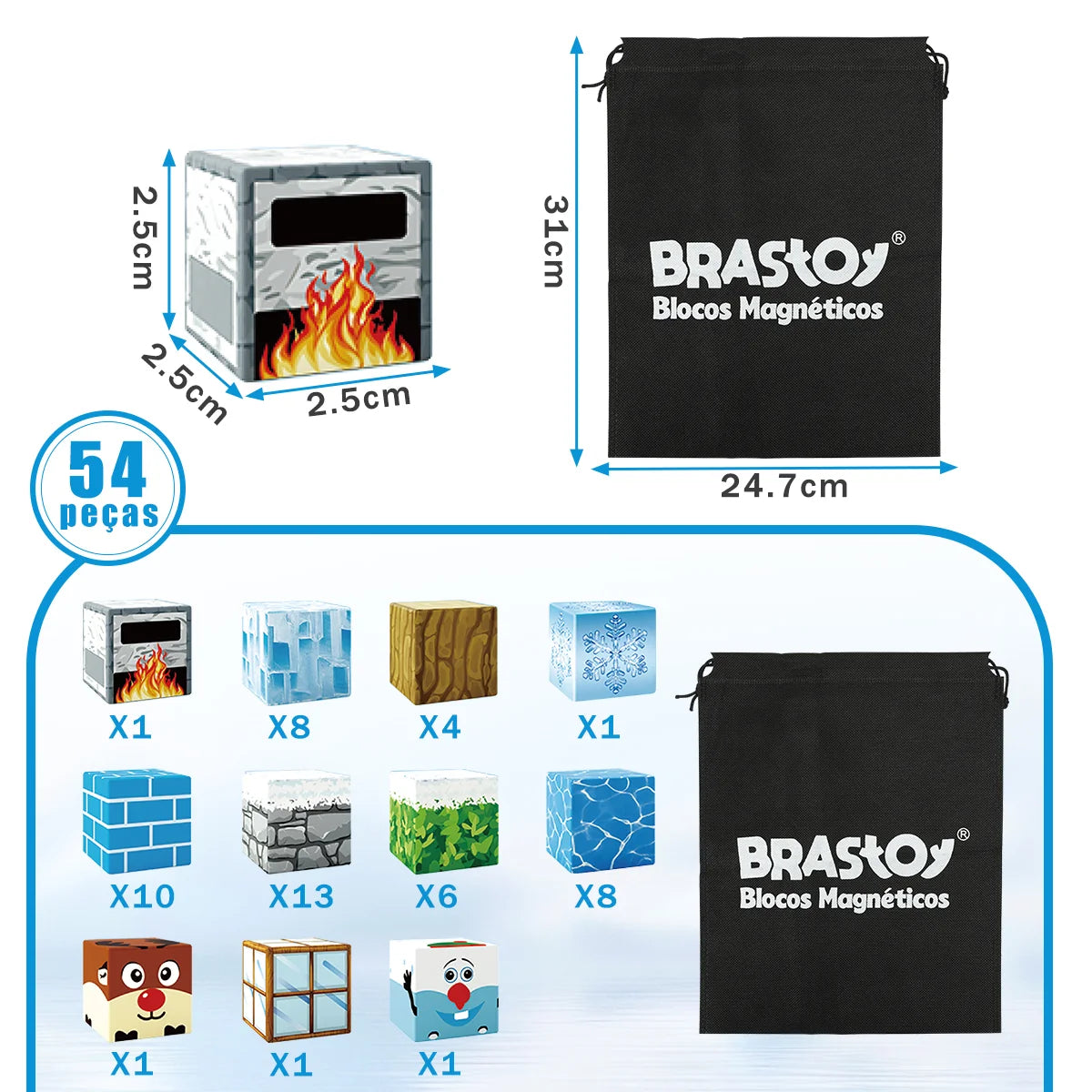 Blocos de Montar Magnéticos 54 Peças Brastoy Brinquedo Educativo Infantil Construção Tema Neve e Gelo