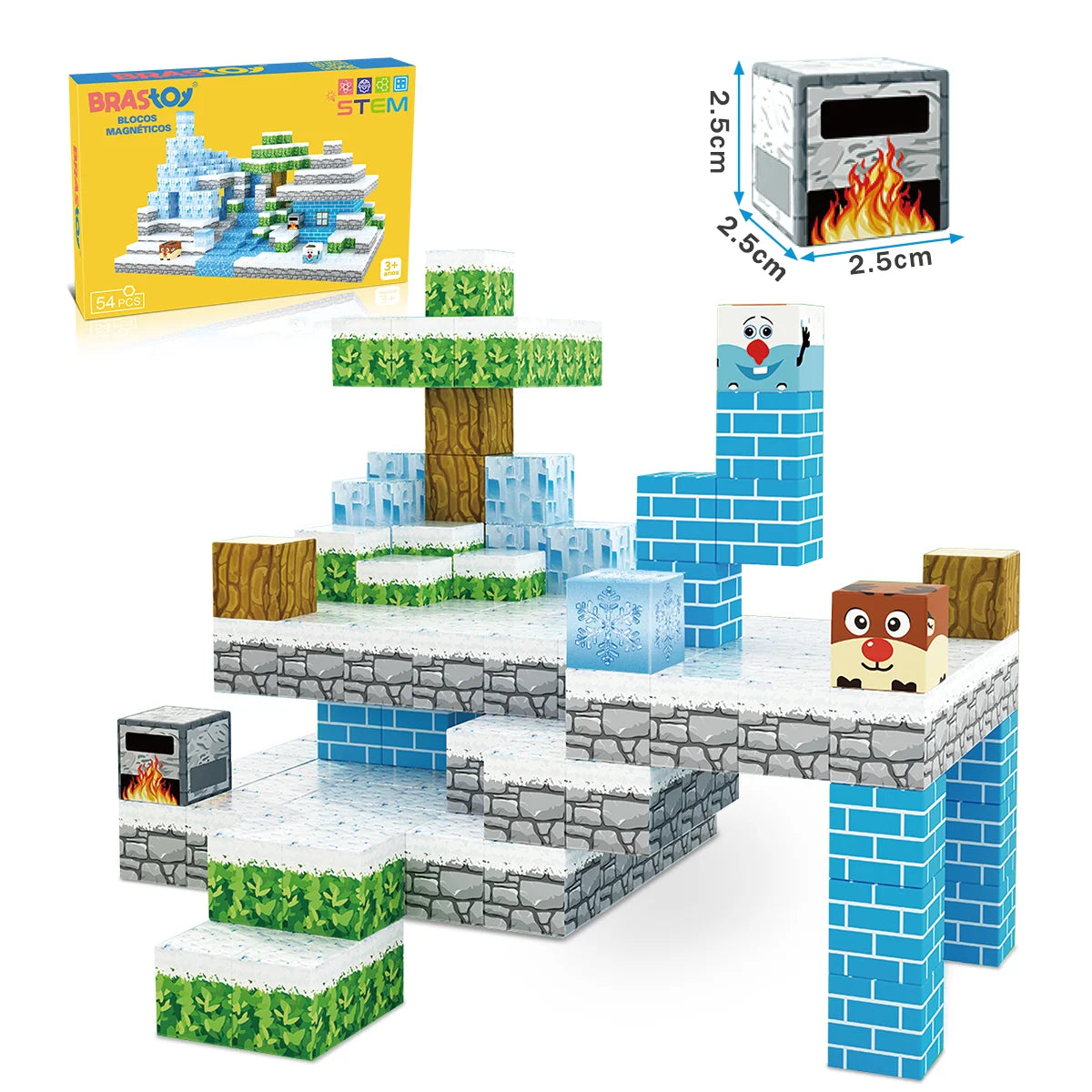 Blocos de Montar Magnéticos 54 Peças Brastoy Brinquedo Educativo Infantil Construção Tema Neve e Gelo