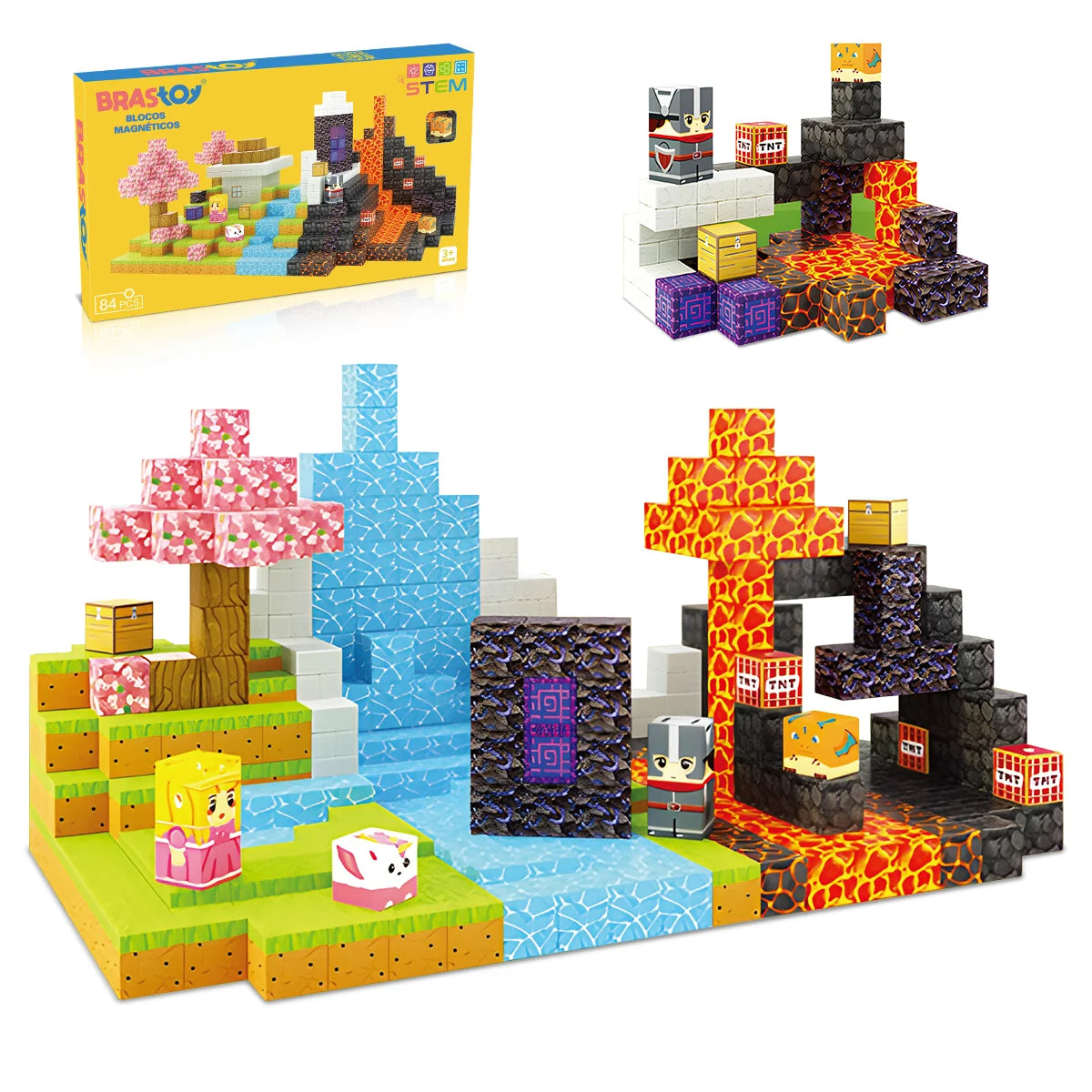 Blocos de Montar Magnéticos 84 Peças Brastoy Brinquedo Educativo Infantil Construção Tema Princesa e Cavaleiro