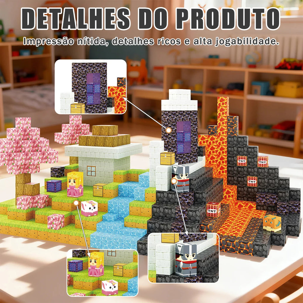 Blocos de Montar Magnéticos 84 Peças Brastoy Brinquedo Educativo Infantil Construção Tema Princesa e Cavaleiro
