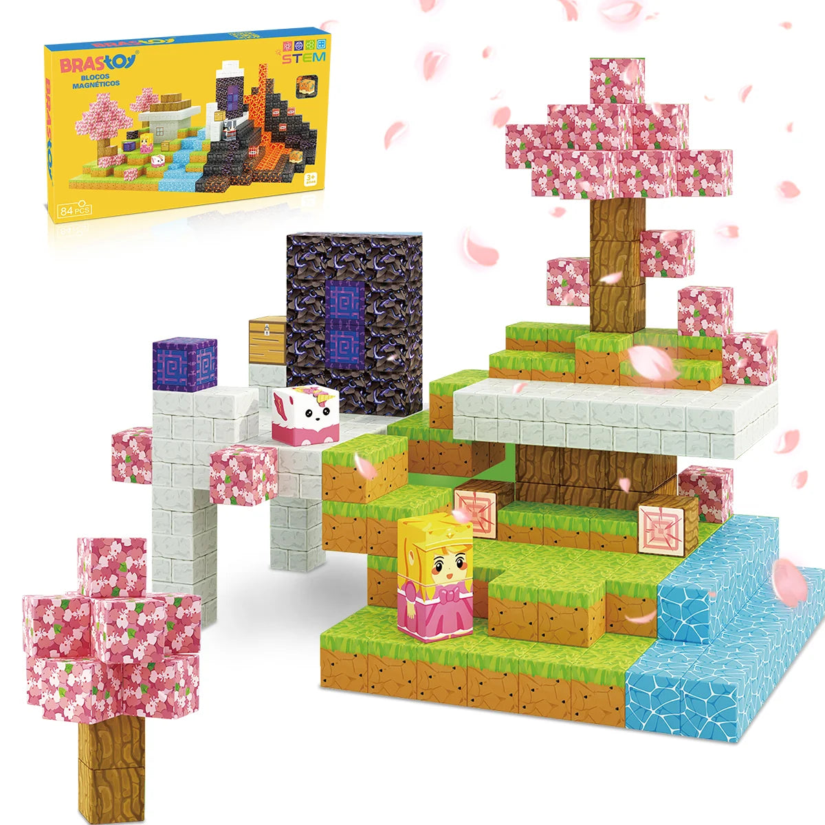 Blocos de Montar Magnéticos 84 Peças Brastoy Brinquedo Educativo Infantil Construção Tema Princesa e Cavaleiro