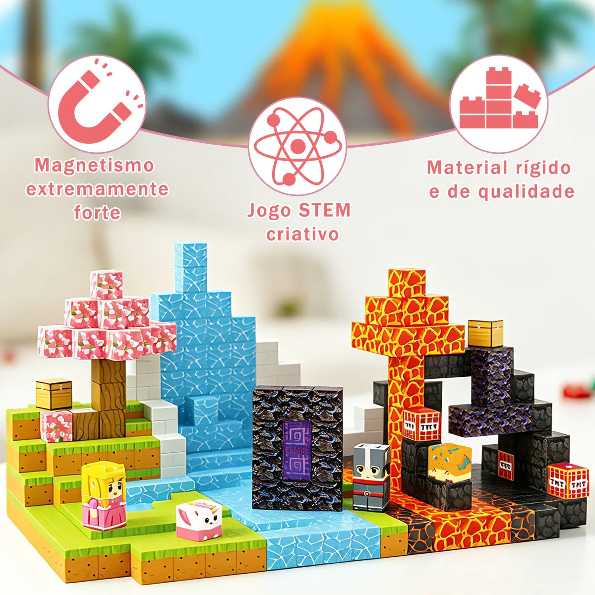 Blocos de Montar Magnéticos 84 Peças Brastoy Brinquedo Educativo Infantil Construção Tema Princesa e Cavaleiro