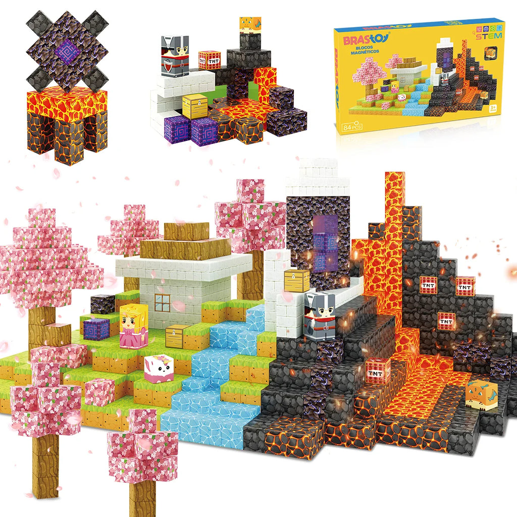 Blocos de Montar Magnéticos 84 Peças Brastoy Brinquedo Educativo Infantil Construção Tema Princesa e Cavaleiro