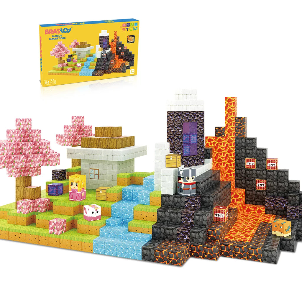 Blocos de Montar Magnéticos 84 Peças Brastoy Brinquedo Educativo Infantil Construção Tema Princesa e Cavaleiro