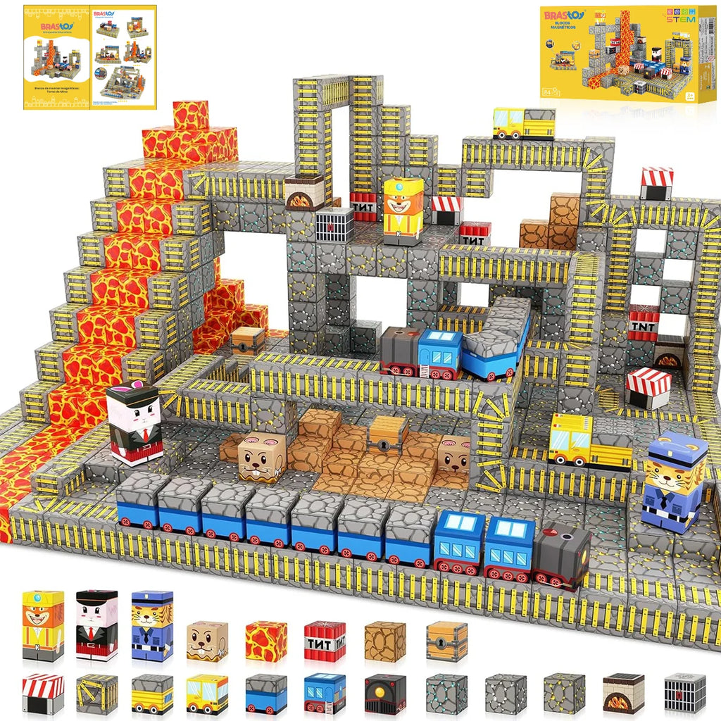 Blocos de Montar Magnéticos 84 Peças Brastoy Brinquedo Educativo Infantil Construção Tema Polícia e Resgate