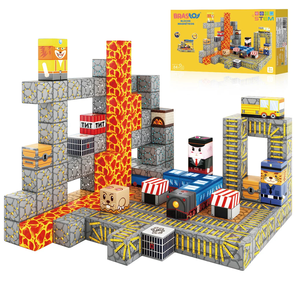 Blocos de Montar Magnéticos 84 Peças Brastoy Brinquedo Educativo Infantil Construção Tema Polícia e Resgate