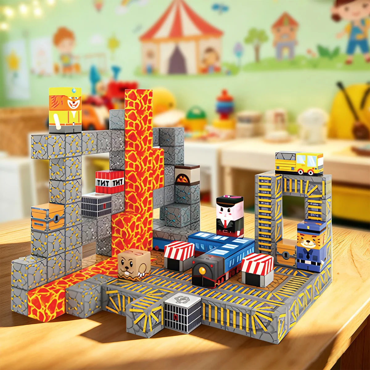 Blocos de Montar Magnéticos 84 Peças Brastoy Brinquedo Educativo Infantil Construção Tema Polícia e Resgate