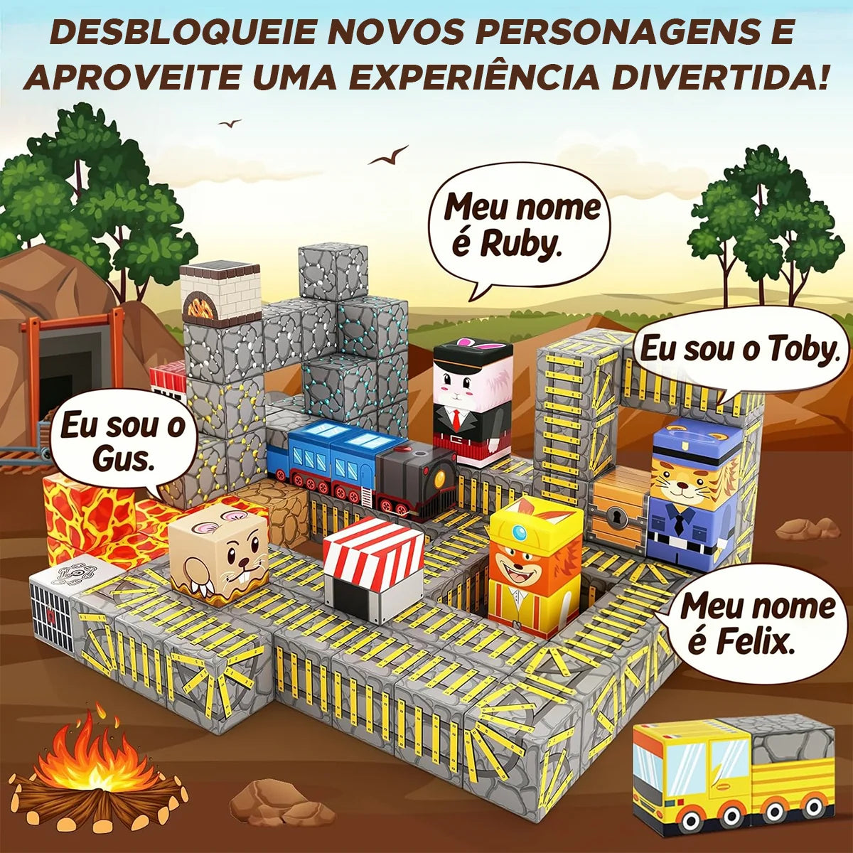 Blocos de Montar Magnéticos 84 Peças Brastoy Brinquedo Educativo Infantil Construção Tema Polícia e Resgate
