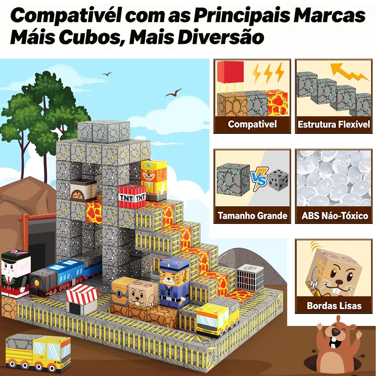 Blocos de Montar Magnéticos 84 Peças Brastoy Brinquedo Educativo Infantil Construção Tema Polícia e Resgate