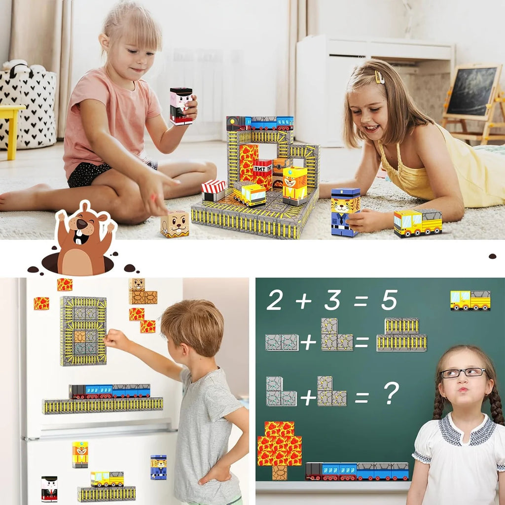 Blocos de Montar Magnéticos 84 Peças Brastoy Brinquedo Educativo Infantil Construção Tema Polícia e Resgate