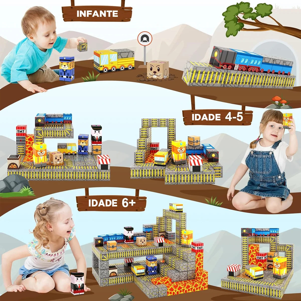 Blocos de Montar Magnéticos 84 Peças Brastoy Brinquedo Educativo Infantil Construção Tema Polícia e Resgate
