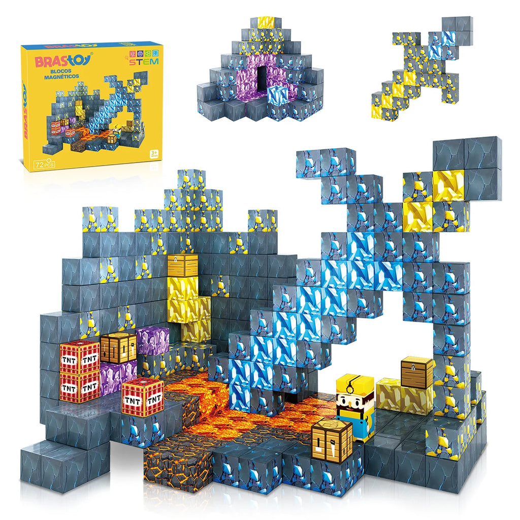 Blocos de Montar Magnéticos 72 Peças Brastoy Brinquedo Educativo Infantil Construção Tema Mina de Ouro