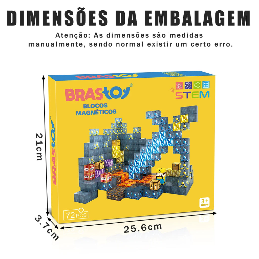 Blocos de Montar Magnéticos 72 Peças Brastoy Brinquedo Educativo Infantil Construção Tema Mina de Ouro