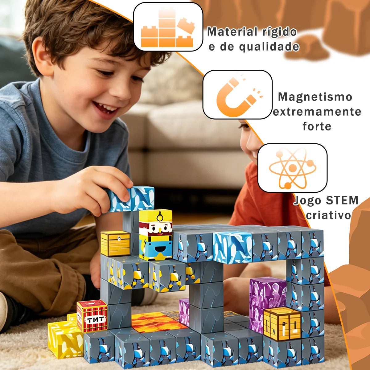 Blocos de Montar Magnéticos 72 Peças Brastoy Brinquedo Educativo Infantil Construção Tema Mina de Ouro