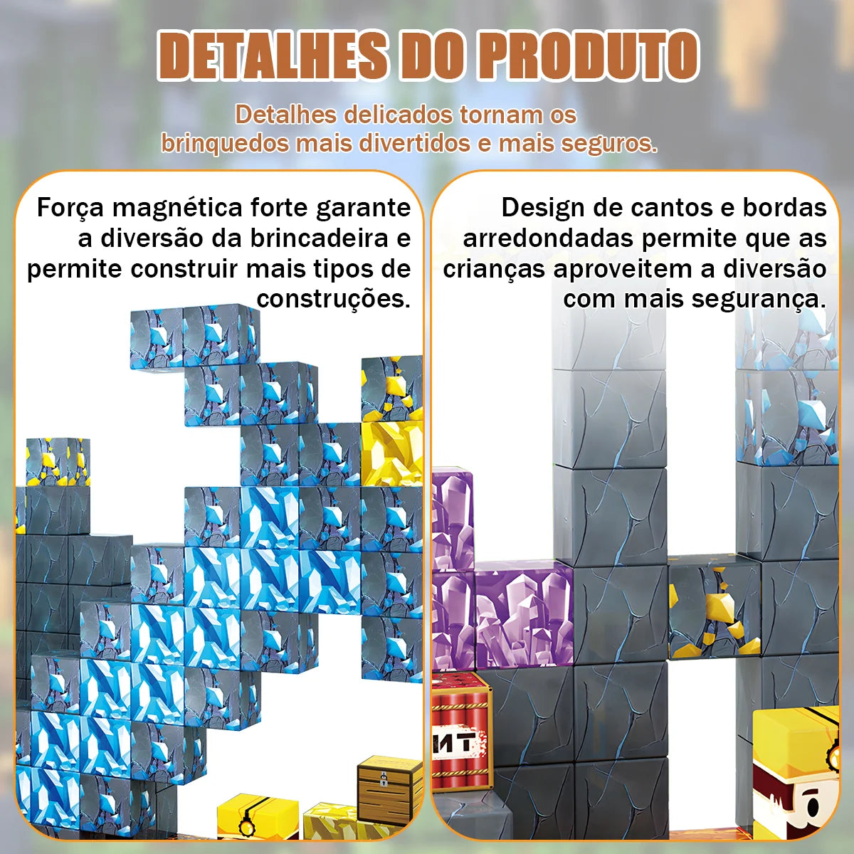Blocos de Montar Magnéticos 72 Peças Brastoy Brinquedo Educativo Infantil Construção Tema Mina de Ouro