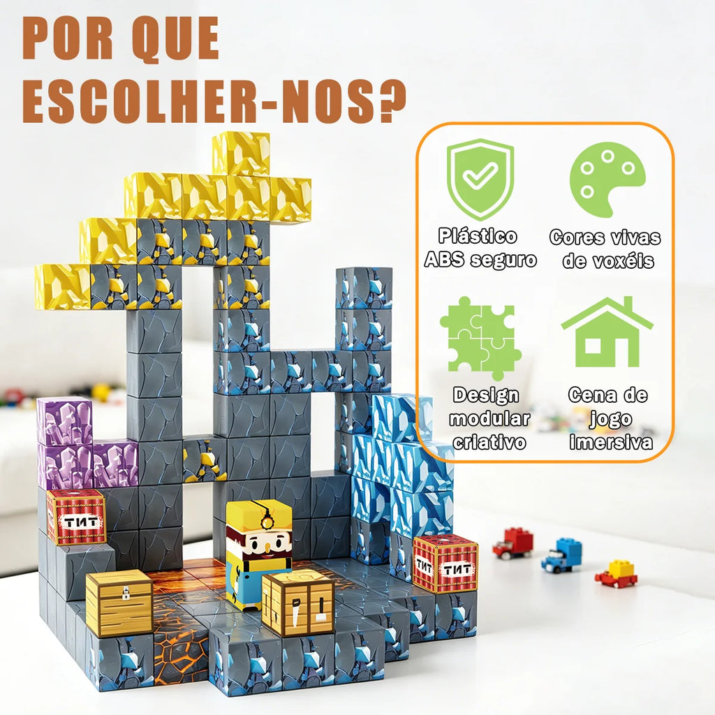 Blocos de Montar Magnéticos 72 Peças Brastoy Brinquedo Educativo Infantil Construção Tema Mina de Ouro