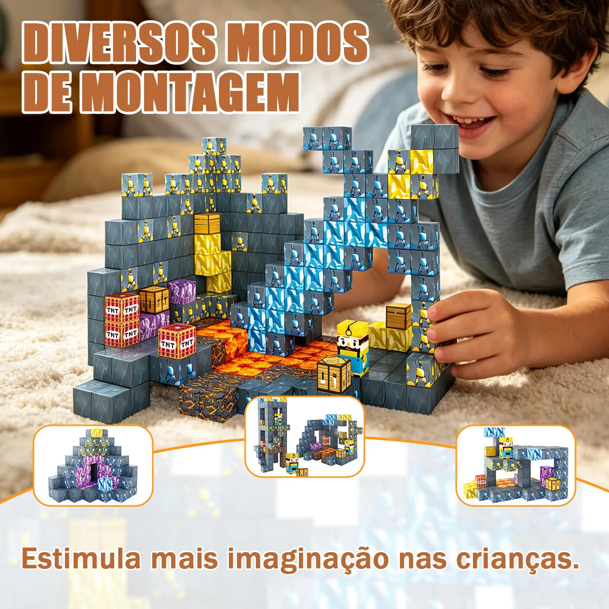 Blocos de Montar Magnéticos 72 Peças Brastoy Brinquedo Educativo Infantil Construção Tema Mina de Ouro