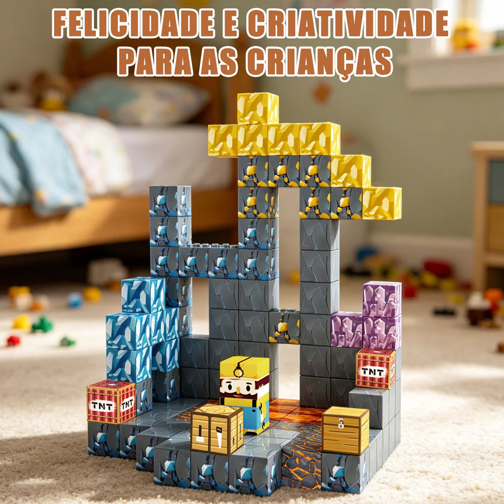 Blocos de Montar Magnéticos 72 Peças Brastoy Brinquedo Educativo Infantil Construção Tema Mina de Ouro
