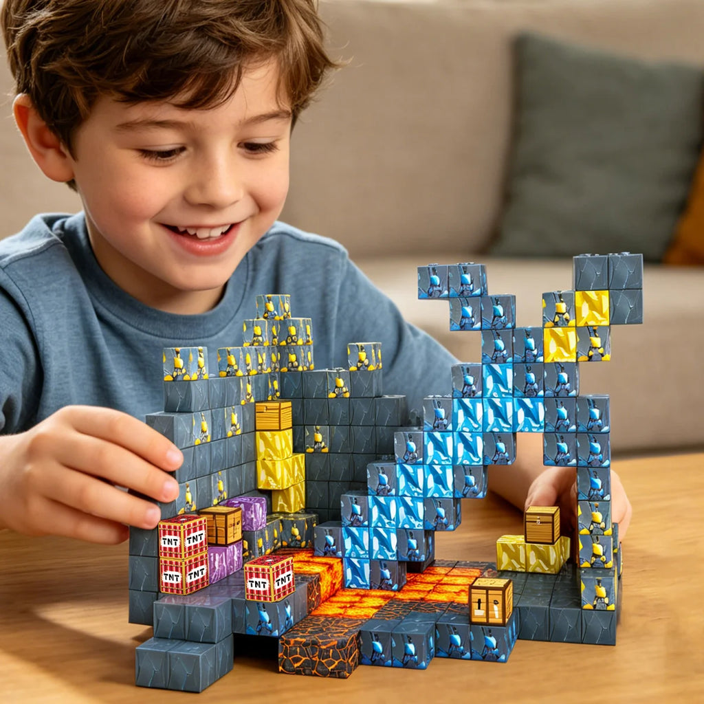Blocos de Montar Magnéticos 72 Peças Brastoy Brinquedo Educativo Infantil Construção Tema Mina de Ouro