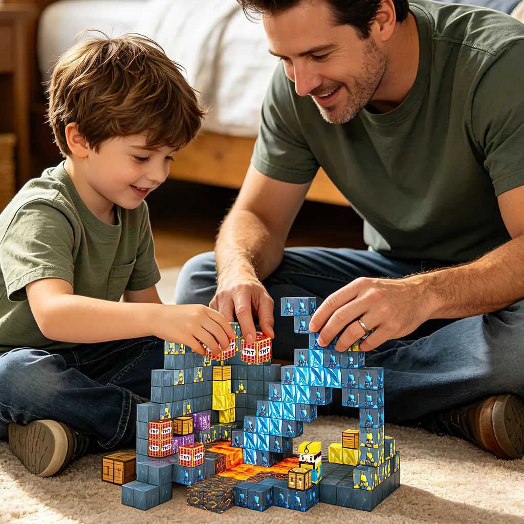 Blocos de Montar Magnéticos 72 Peças Brastoy Brinquedo Educativo Infantil Construção Tema Mina de Ouro