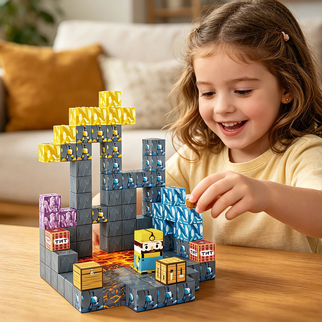 Blocos de Montar Magnéticos 72 Peças Brastoy Brinquedo Educativo Infantil Construção Tema Mina de Ouro