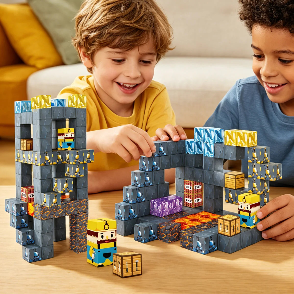 Blocos de Montar Magnéticos 72 Peças Brastoy Brinquedo Educativo Infantil Construção Tema Mina de Ouro
