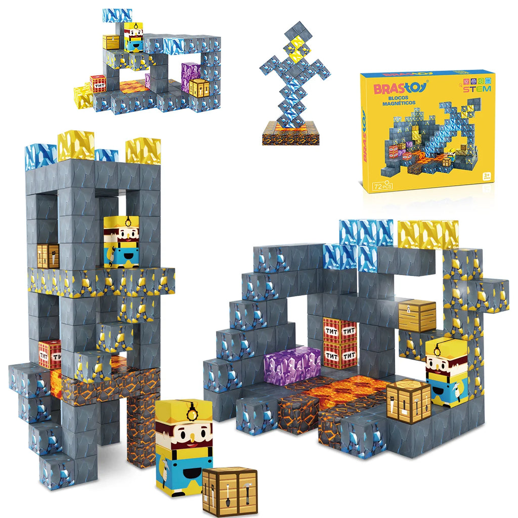 Blocos de Montar Magnéticos 72 Peças Brastoy Brinquedo Educativo Infantil Construção Tema Mina de Ouro