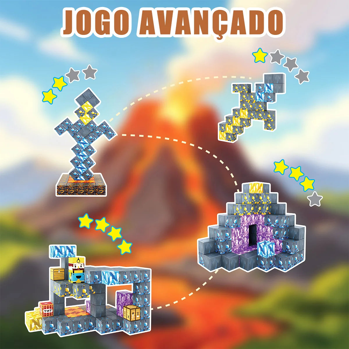 Blocos de Montar Magnéticos 72 Peças Brastoy Brinquedo Educativo Infantil Construção Tema Mina de Ouro