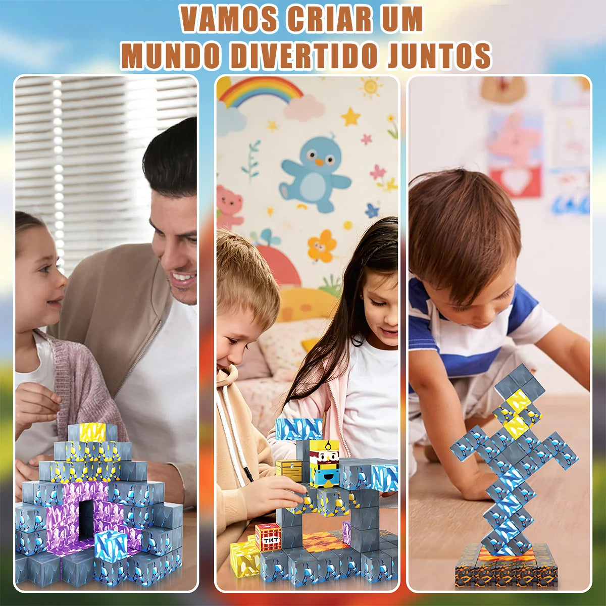 Blocos de Montar Magnéticos 72 Peças Brastoy Brinquedo Educativo Infantil Construção Tema Mina de Ouro