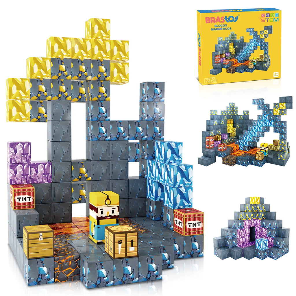 Blocos de Montar Magnéticos 72 Peças Brastoy Brinquedo Educativo Infantil Construção Tema Mina de Ouro