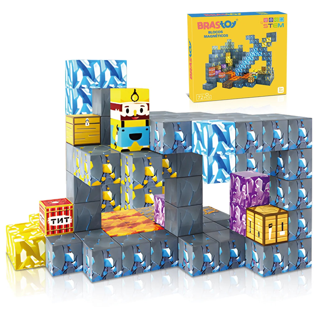 Blocos de Montar Magnéticos 72 Peças Brastoy Brinquedo Educativo Infantil Construção Tema Mina de Ouro