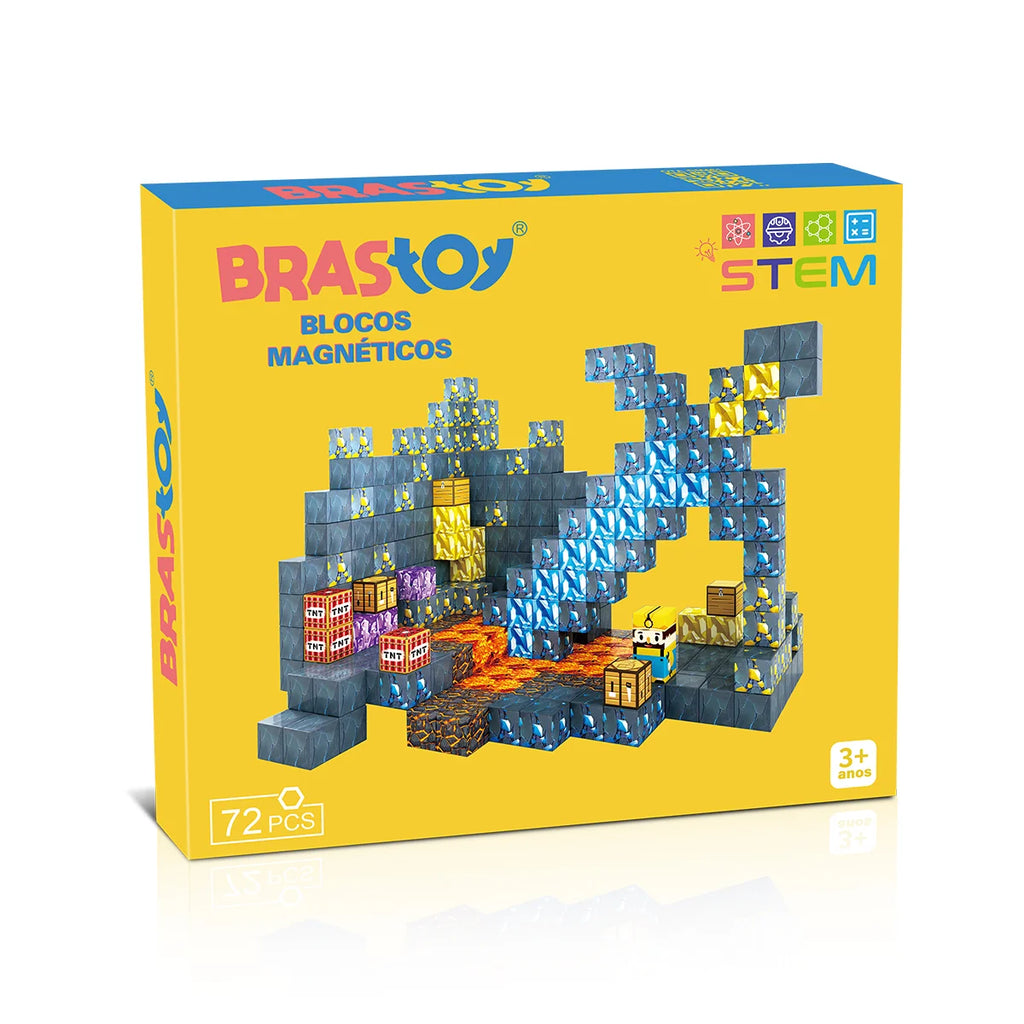 Blocos de Montar Magnéticos 72 Peças Brastoy Brinquedo Educativo Infantil Construção Tema Mina de Ouro