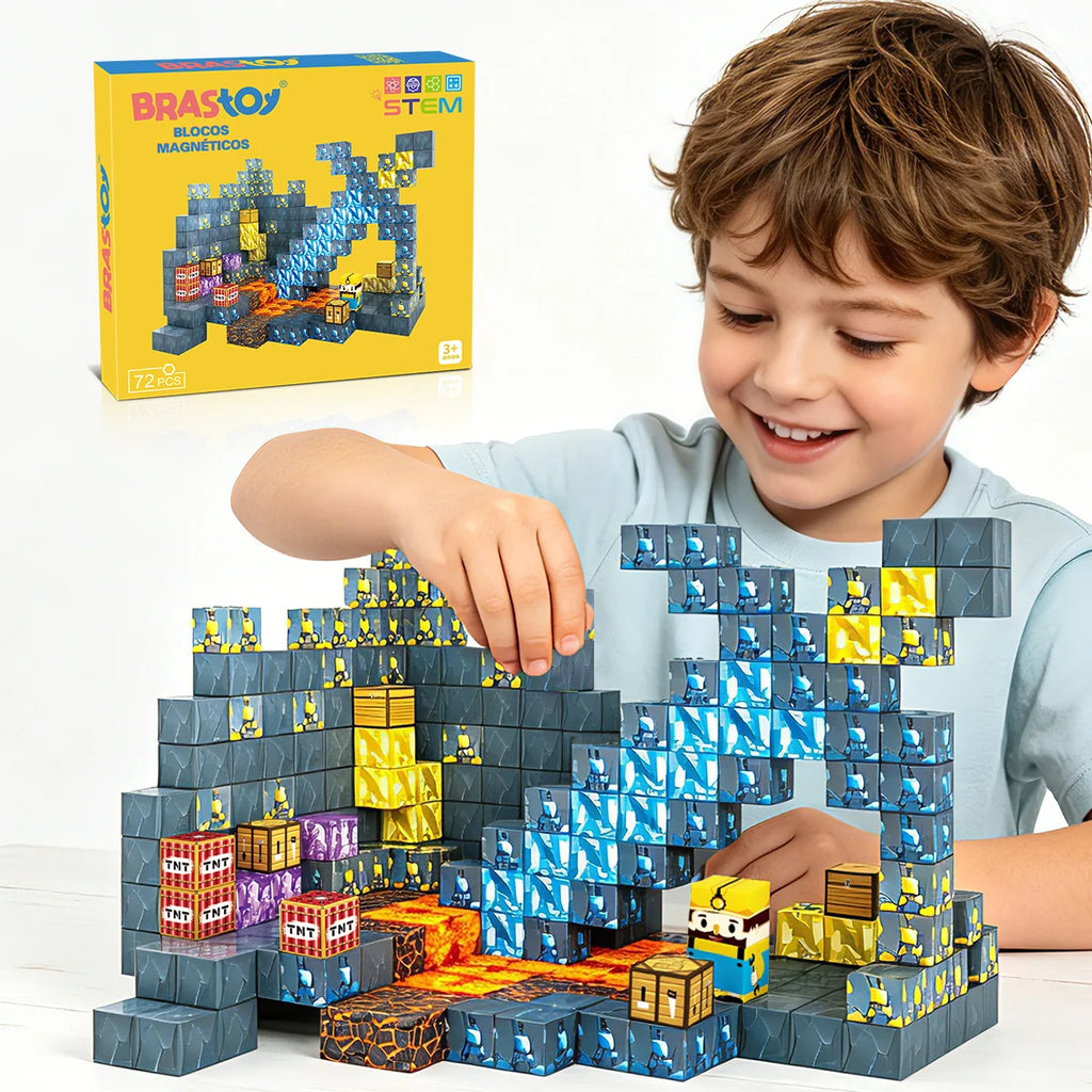 Blocos de Montar Magnéticos 72 Peças Brastoy Brinquedo Educativo Infantil Construção Tema Mina de Ouro
