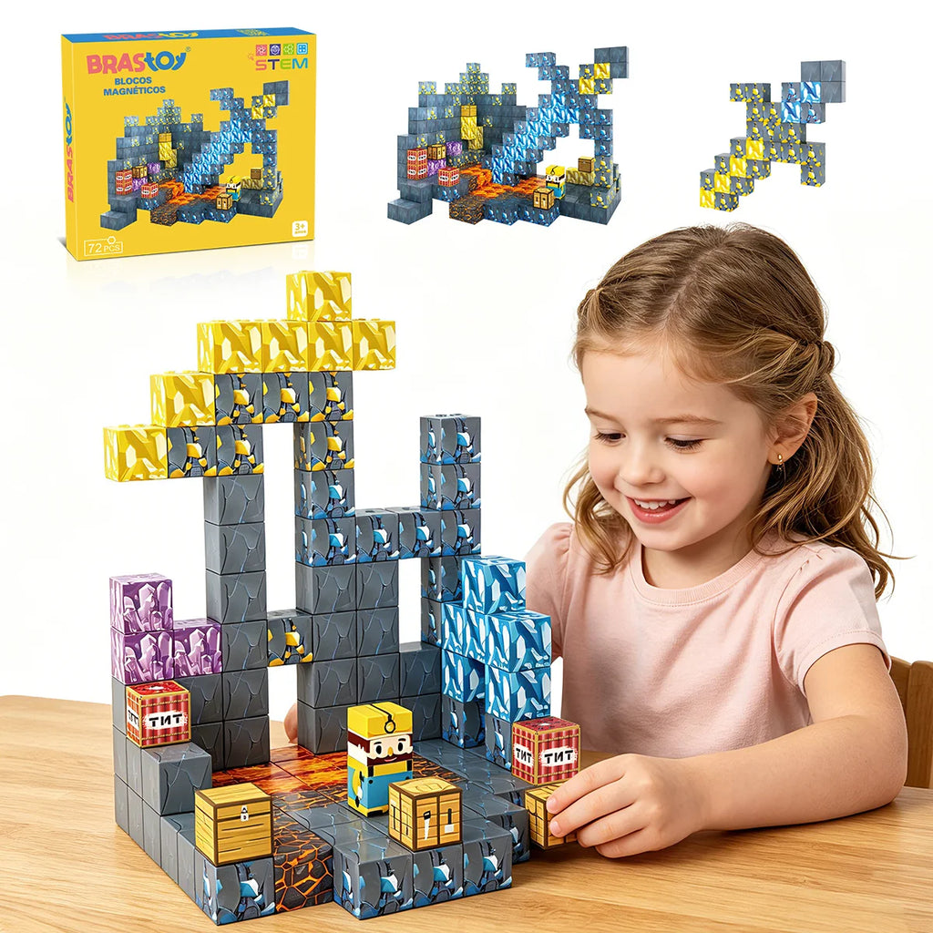 Blocos de Montar Magnéticos 72 Peças Brastoy Brinquedo Educativo Infantil Construção Tema Mina de Ouro