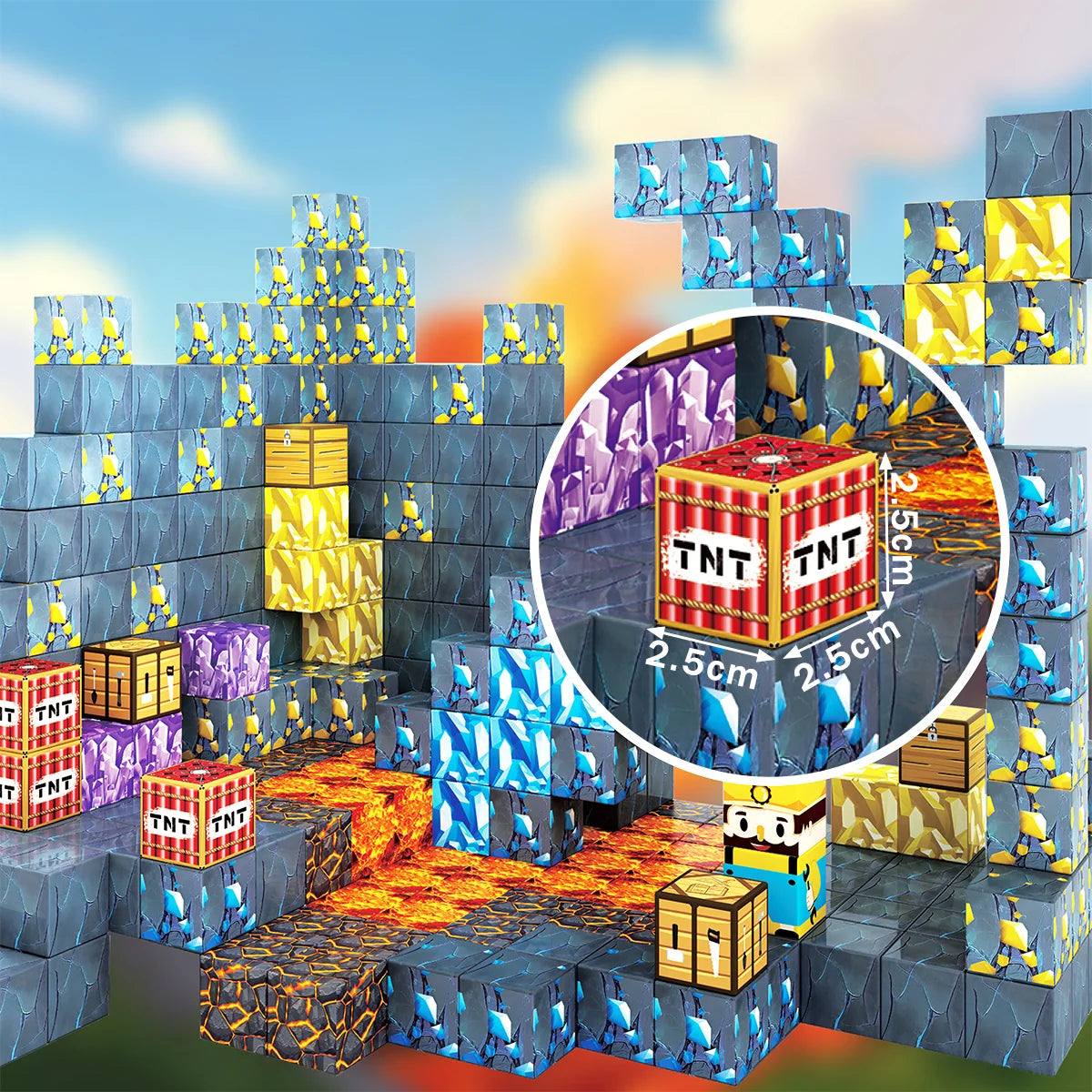 Blocos de Montar Magnéticos 72 Peças Brastoy Brinquedo Educativo Infantil Construção Tema Mina de Ouro