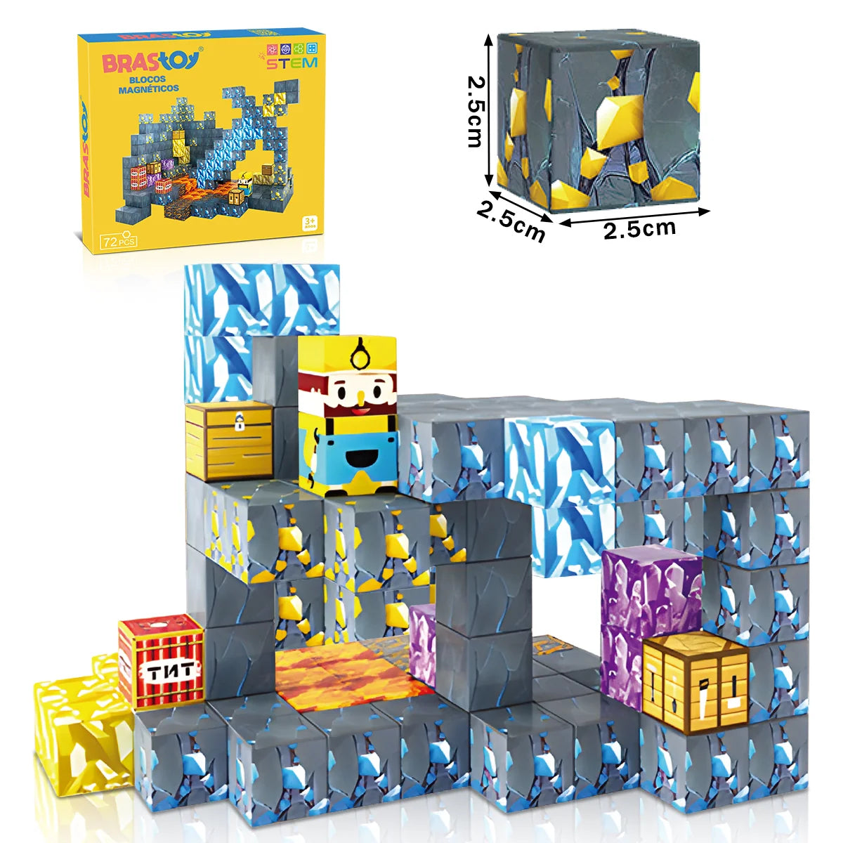 Blocos de Montar Magnéticos 72 Peças Brastoy Brinquedo Educativo Infantil Construção Tema Mina de Ouro