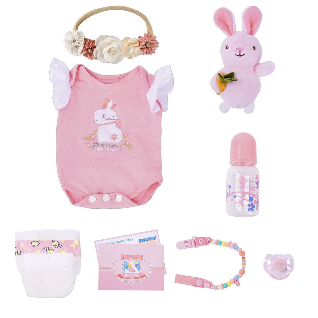 Boneca Bebê Reborn Silicone Realista 48cm Original Kit Acessórios Conjunto Roupa Mamadeira Chupeta Pelúcia Fralda Certidão