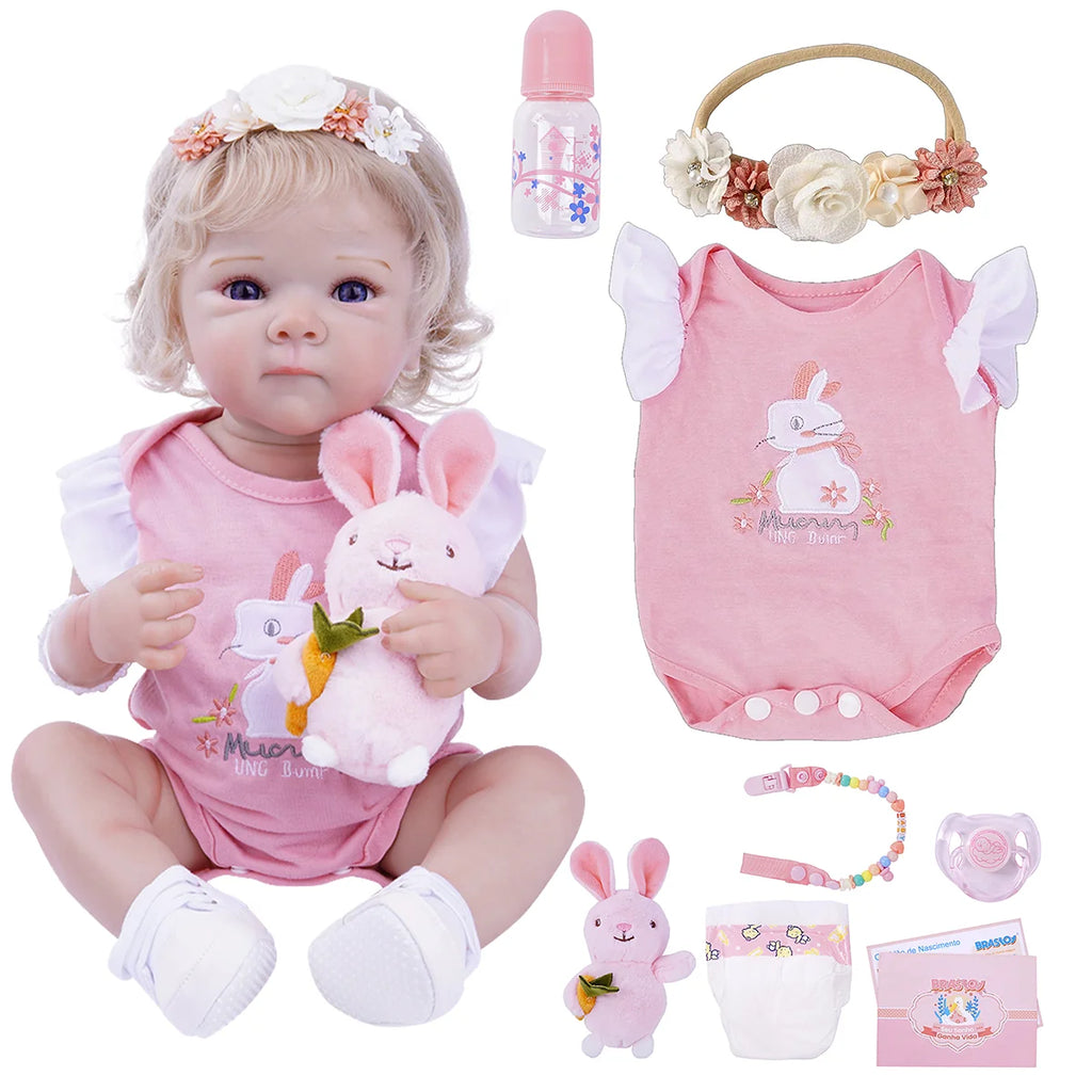 Boneca Bebê Reborn Silicone Realista 48cm Original Kit Acessórios Conjunto Roupa Mamadeira Chupeta Pelúcia Fralda Certidão