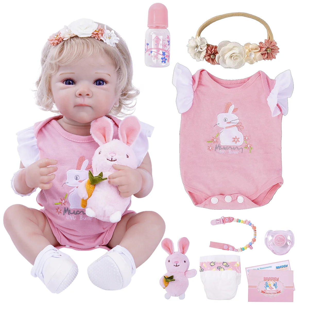 Boneca Bebê Reborn Silicone Realista 48cm Original Kit Acessórios Conjunto Roupa Mamadeira Chupeta Pelúcia Fralda Certidão