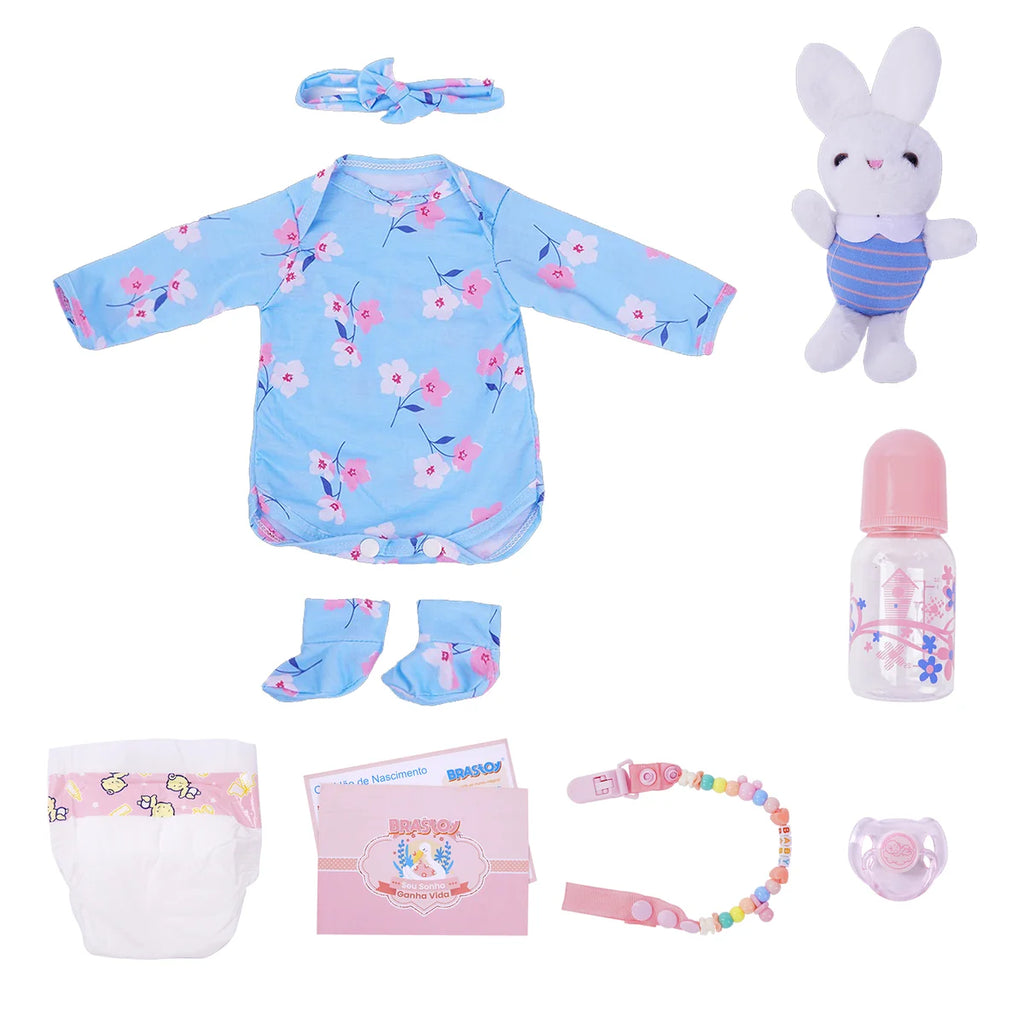 Boneca Bebê Reborn Silicone Realista 48cm Original Kit Acessórios Conjunto Roupa Mamadeira Chupeta Pelúcia Fralda Certidão