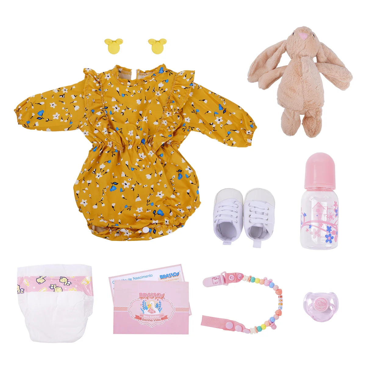Boneca Bebê Reborn Silicone Realista 55cm Conjunto de Roupa Mamadeira Chupeta Brastoy