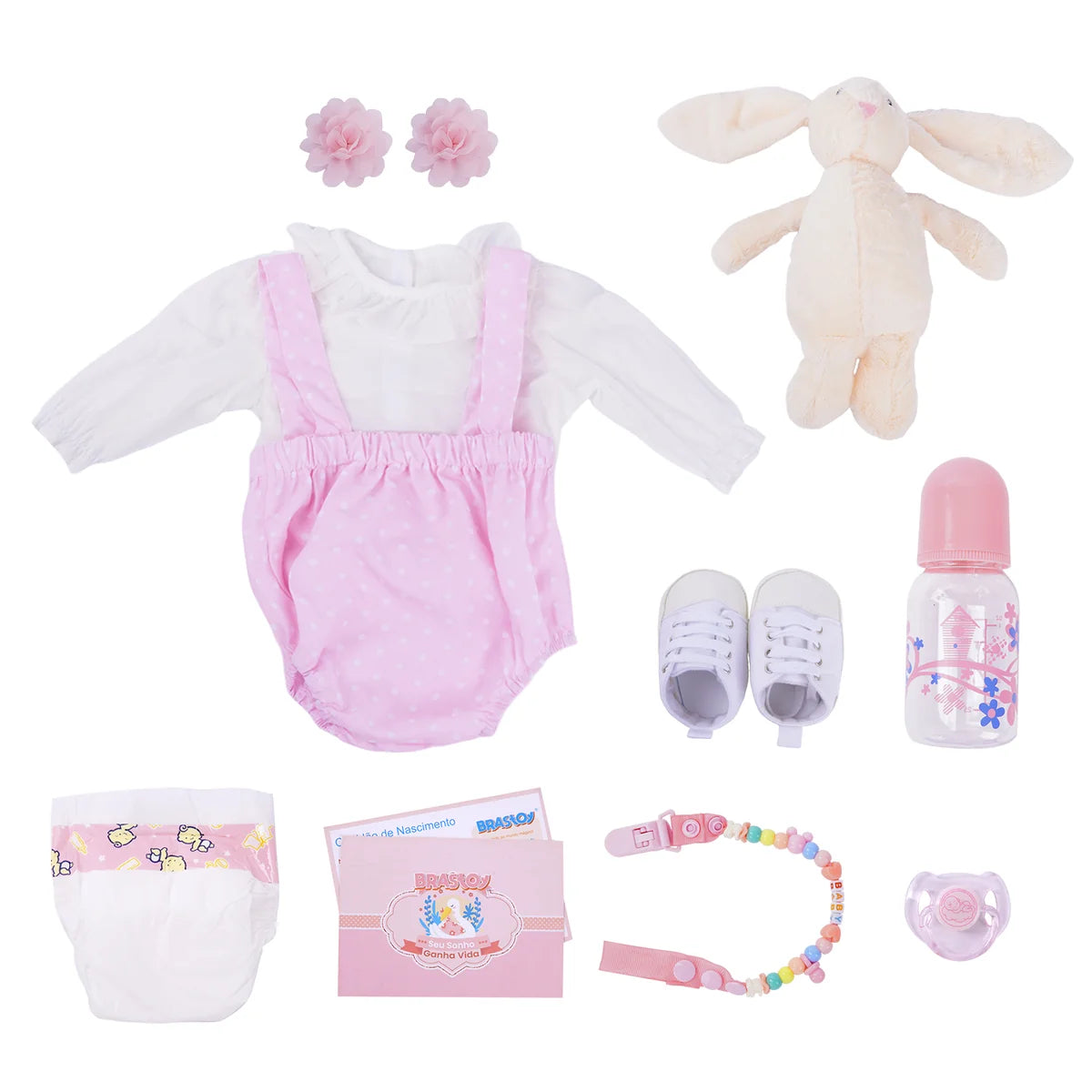 Boneca Bebê Reborn Corpo de Tecido 65cm Conjunto de Roupa Mamadeira Chupeta Brastoy