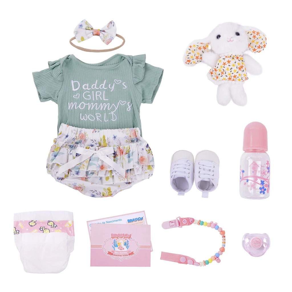 Boneca Bebê Reborn Corpo de Tecido 65cm Conjunto de Roupa Mamadeira Chupeta Brastoy