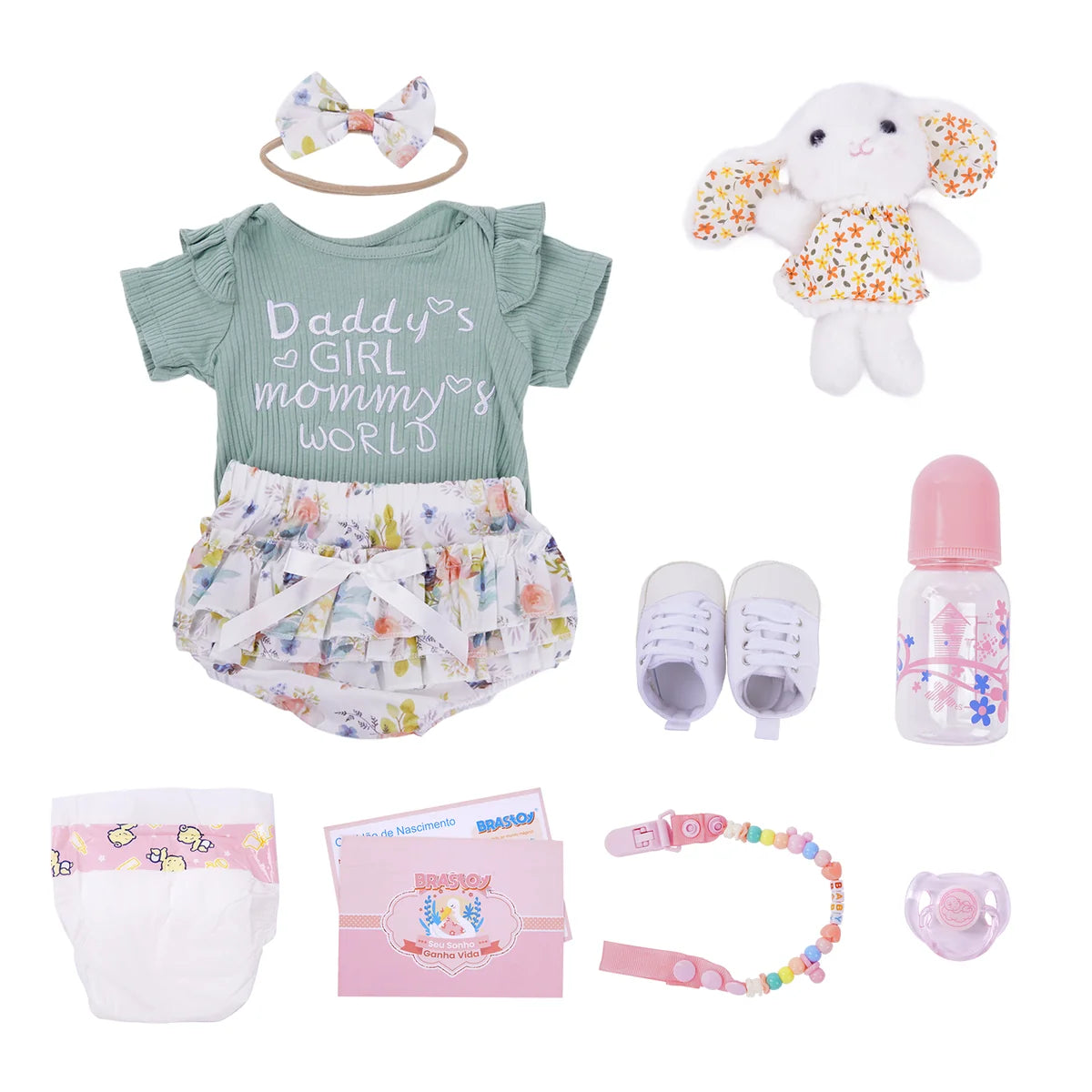 Boneca Bebê Reborn Corpo de Tecido 65cm Conjunto de Roupa Mamadeira Chupeta Brastoy