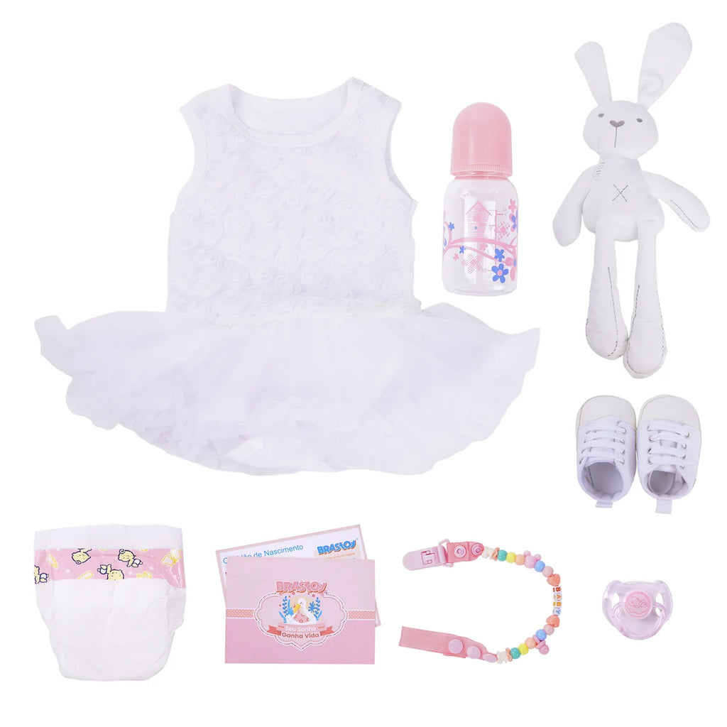 Boneca Bebê Reborn Corpo de Tecido 60cm Conjunto de Roupa Mamadeira Chupeta Brastoy