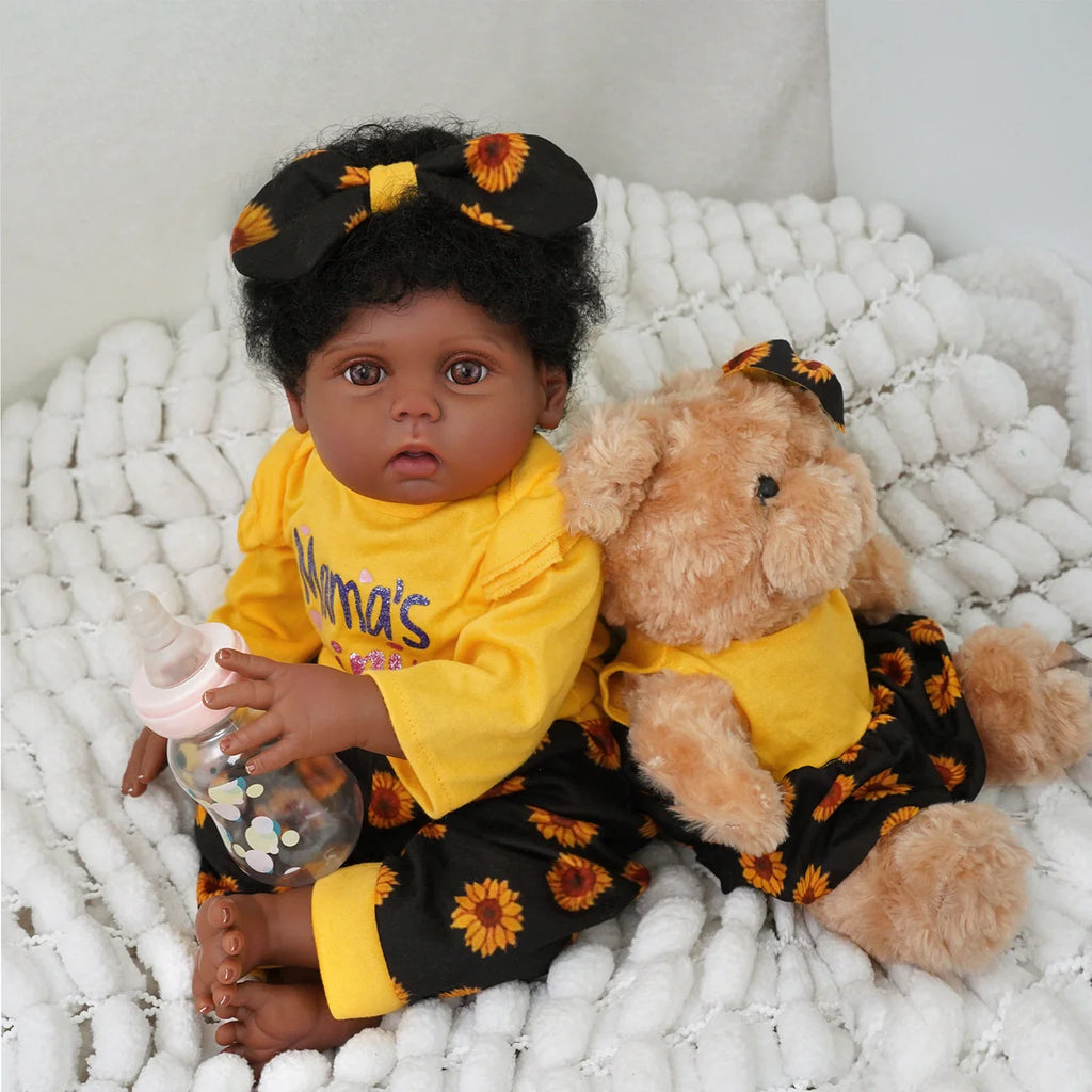 Boneca Bebê Reborn Negra Brastoy Silicone Realista 48cm Kit Acessórios Conjunto Roupa Mamadeira Chupeta Pelúcia Fralda Certidão