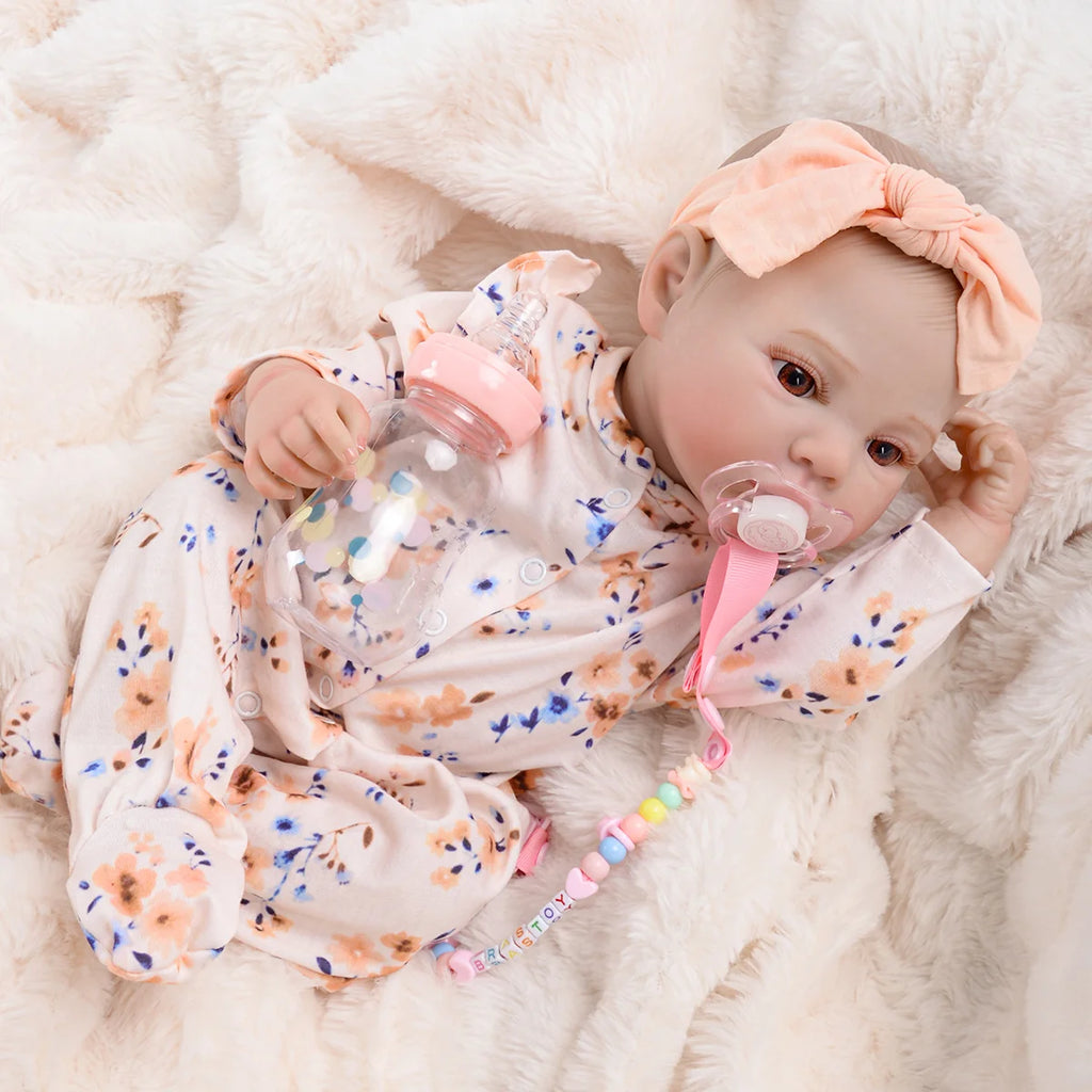 Boneca Bebê Reborn Realista Brastoy Original 48cm Silicone Kit Conjunto de Roupa Mamadeira Chupeta Certidão Fralda e Pelúcia