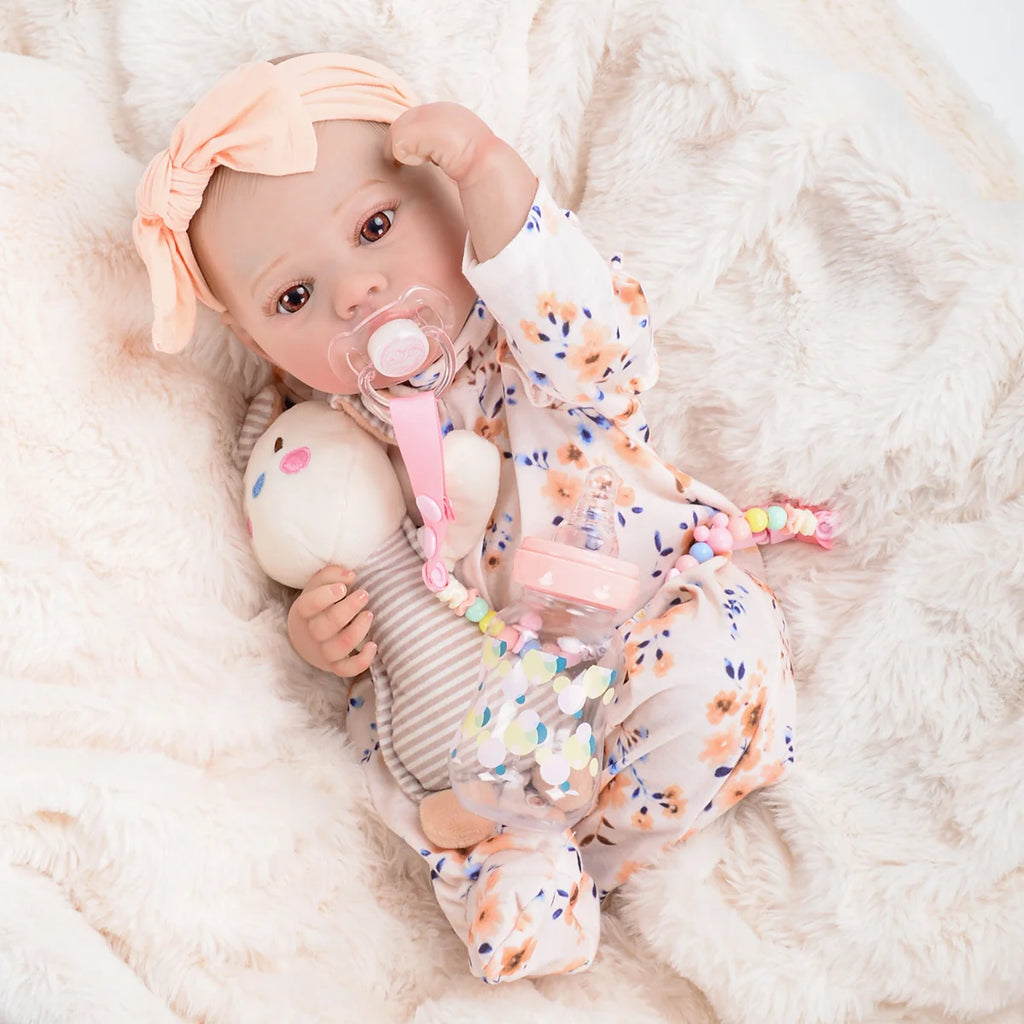 Boneca Bebê Reborn Realista Brastoy Original 48cm Silicone Kit Conjunto de Roupa Mamadeira Chupeta Certidão Fralda e Pelúcia