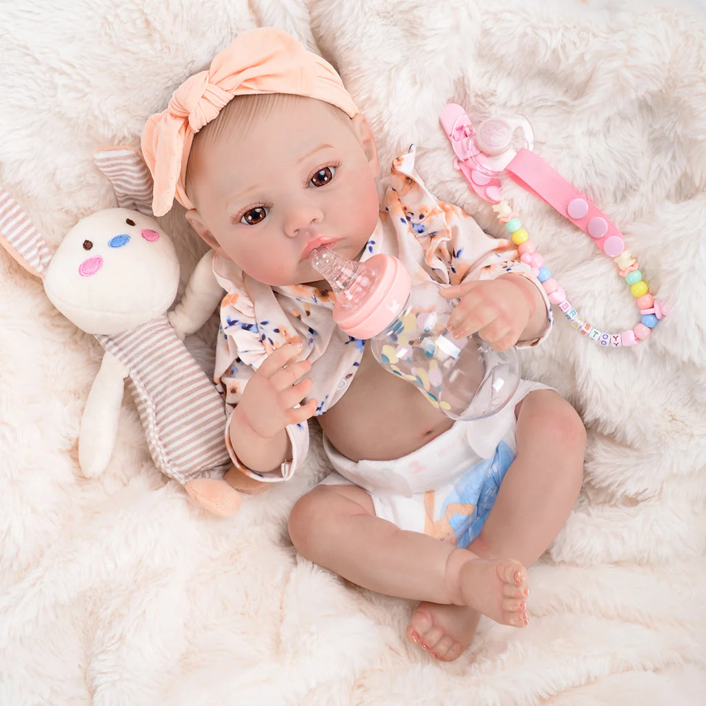 Boneca Bebê Reborn Realista Brastoy Original 48cm Silicone Kit Conjunto de Roupa Mamadeira Chupeta Certidão Fralda e Pelúcia