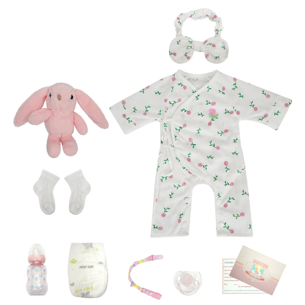 Boneca Bebê Reborn Silicone Realista 48cm Original Kit Acessórios Conjunto Roupa Mamadeira Chupeta Pelúcia Fralda Certidão